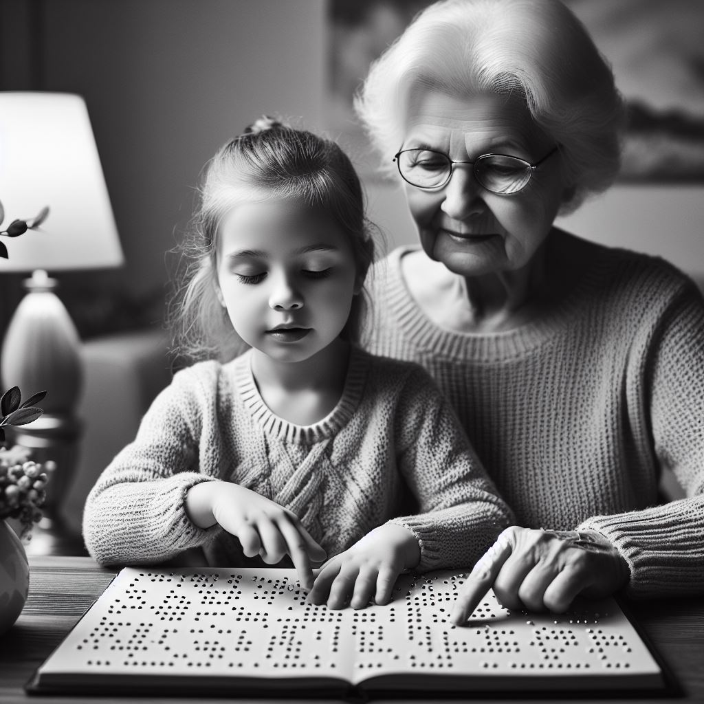 Kid and Old lady reading braille